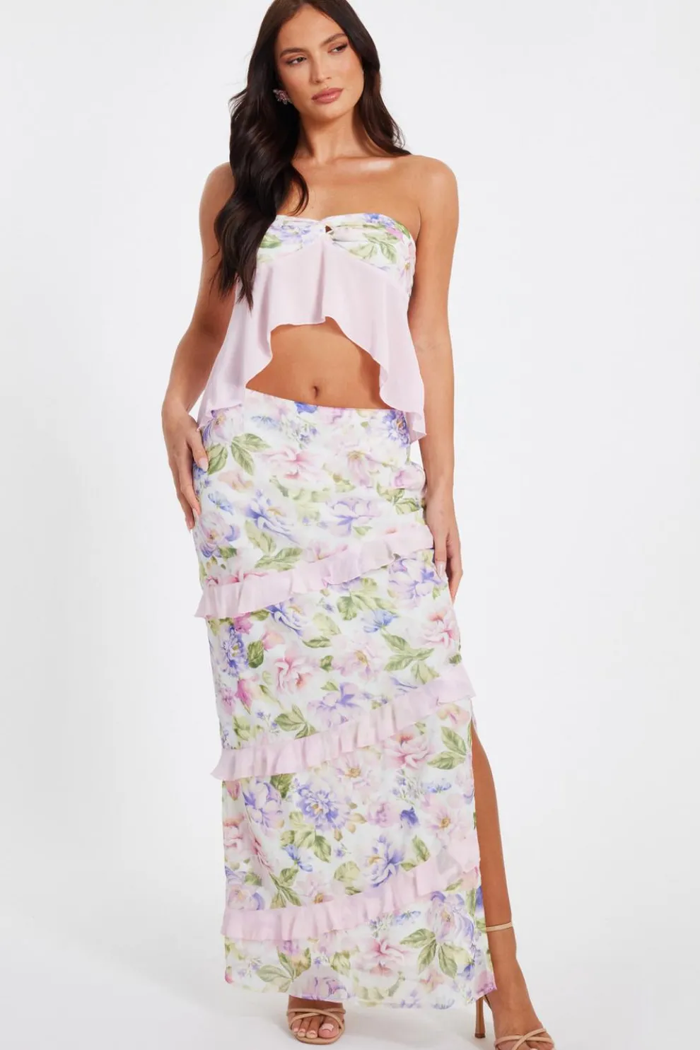 Baby Pink Chiffon Ruffle Maxi Skirt