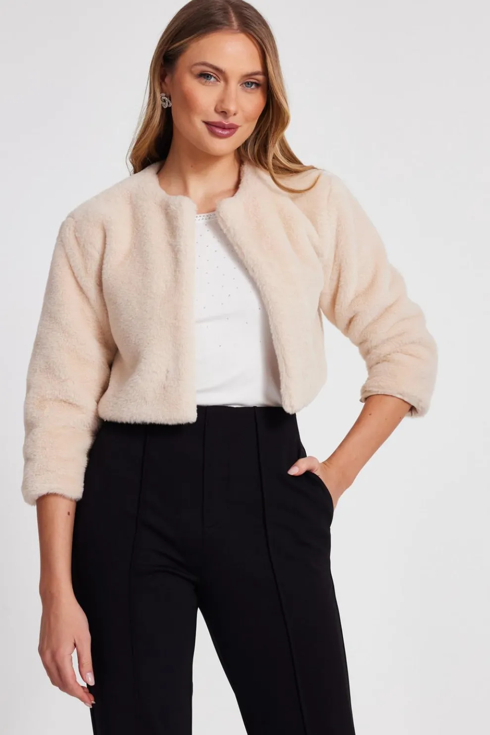 Beige Faux Fur Crop Sleeve Cape