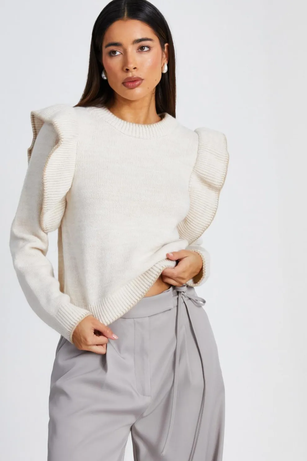 Beige Knitted Frill Sleeve Jumper
