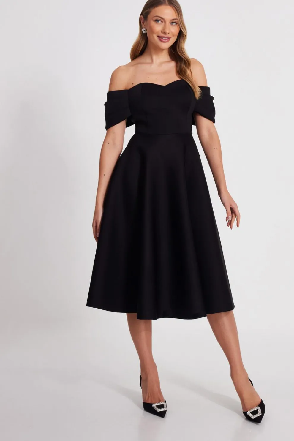 Black Bardot Midi Skater Dress