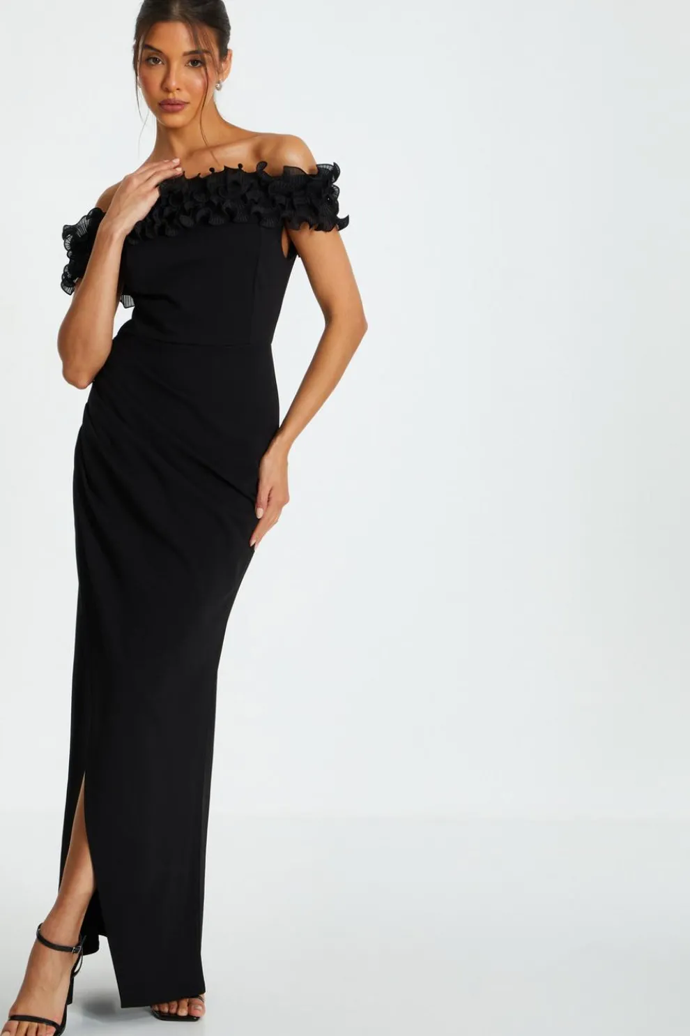 Black Bardot Ruffle Ruched Maxi Dress