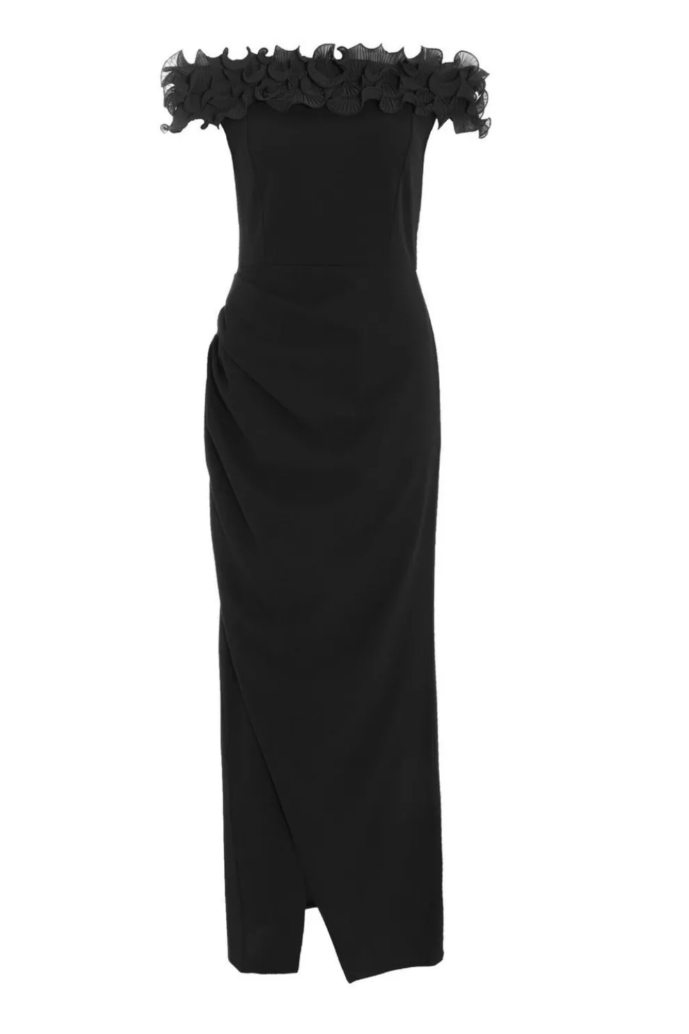 Black Bardot Ruffle Ruched Maxi Dress