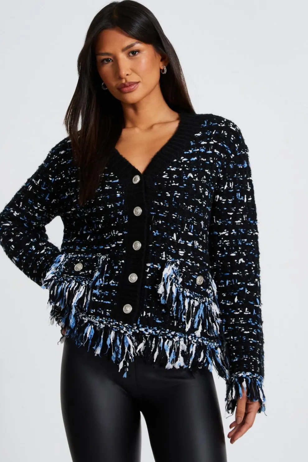 Black Boucle Knit Fringe Cardigan