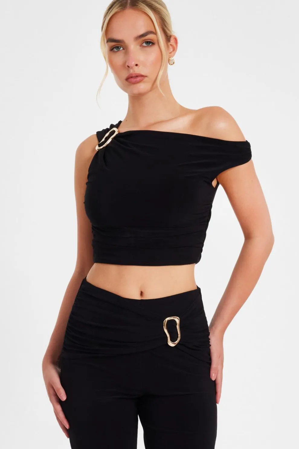 Black Buckle Drop Shoulder Top