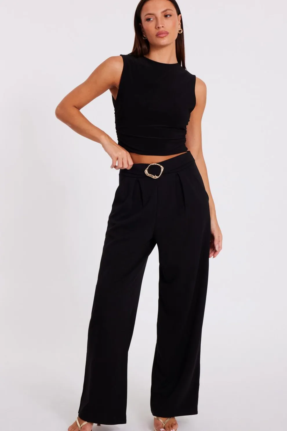 Black Buckle Front Palazzo Trouser