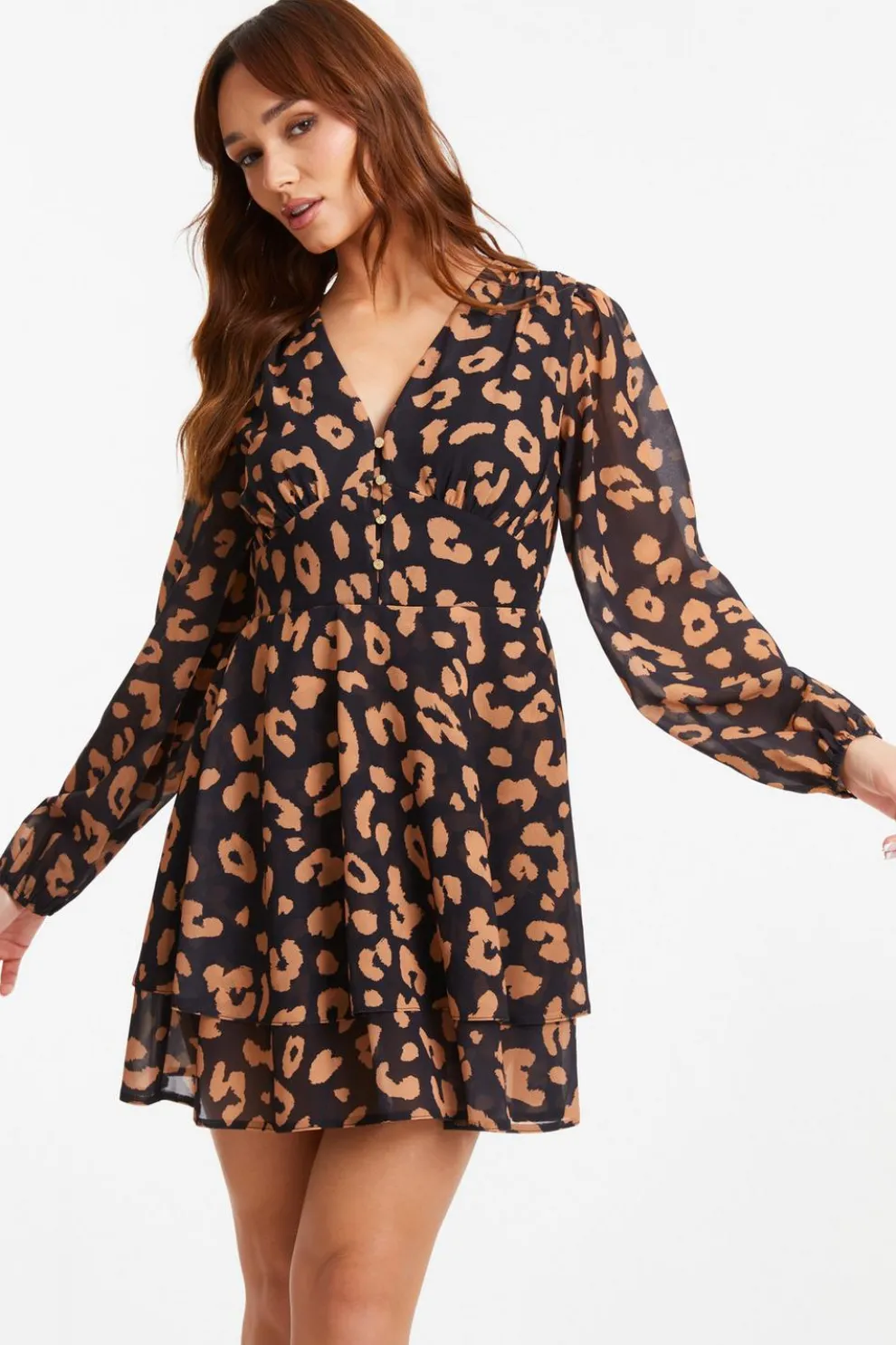 Black Chiffon Animal Print Skater Dress