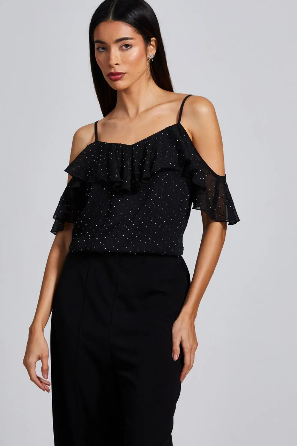 Black Chiffon Cold Shoulder Top