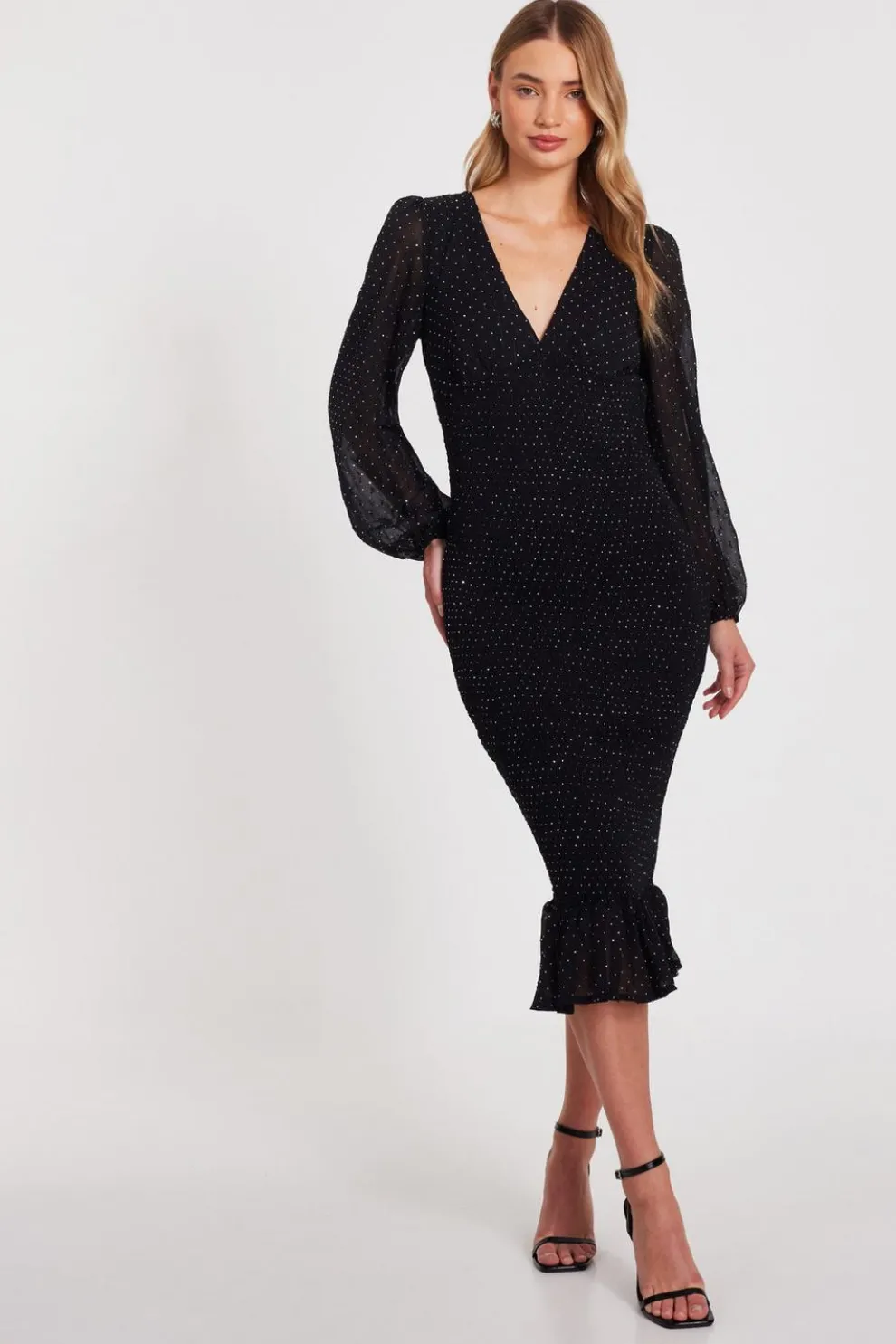 Black Chiffon Diamante Midi Dress