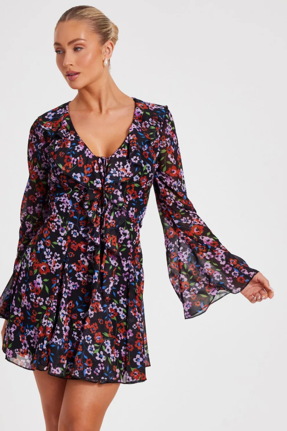 Black Chiffon Floral Skater Dress