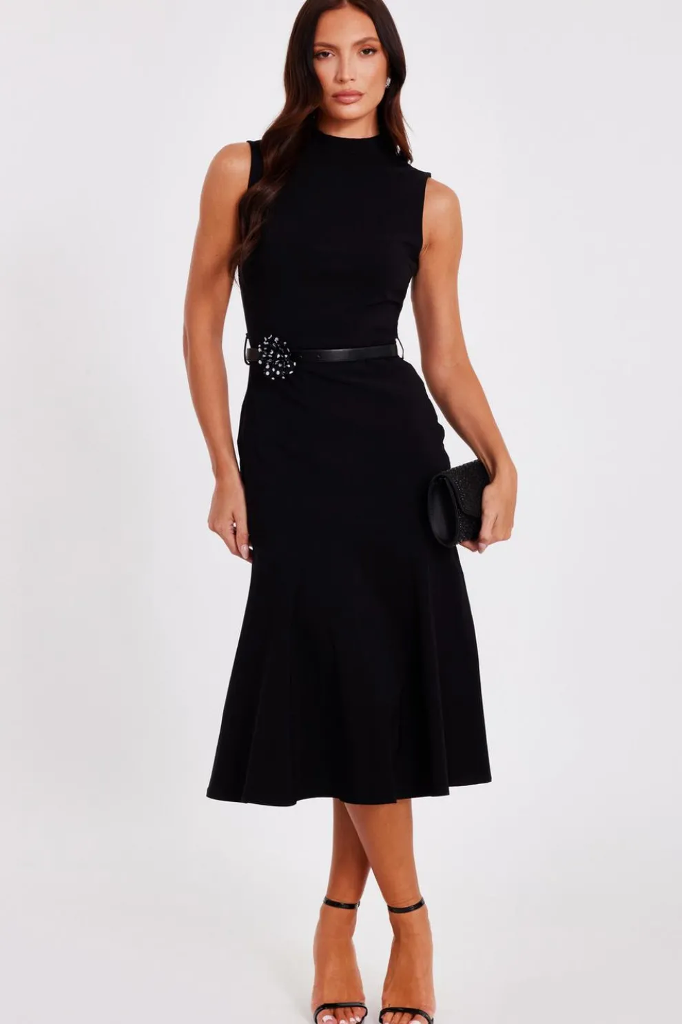 Black Corsage Belt Midi Dress