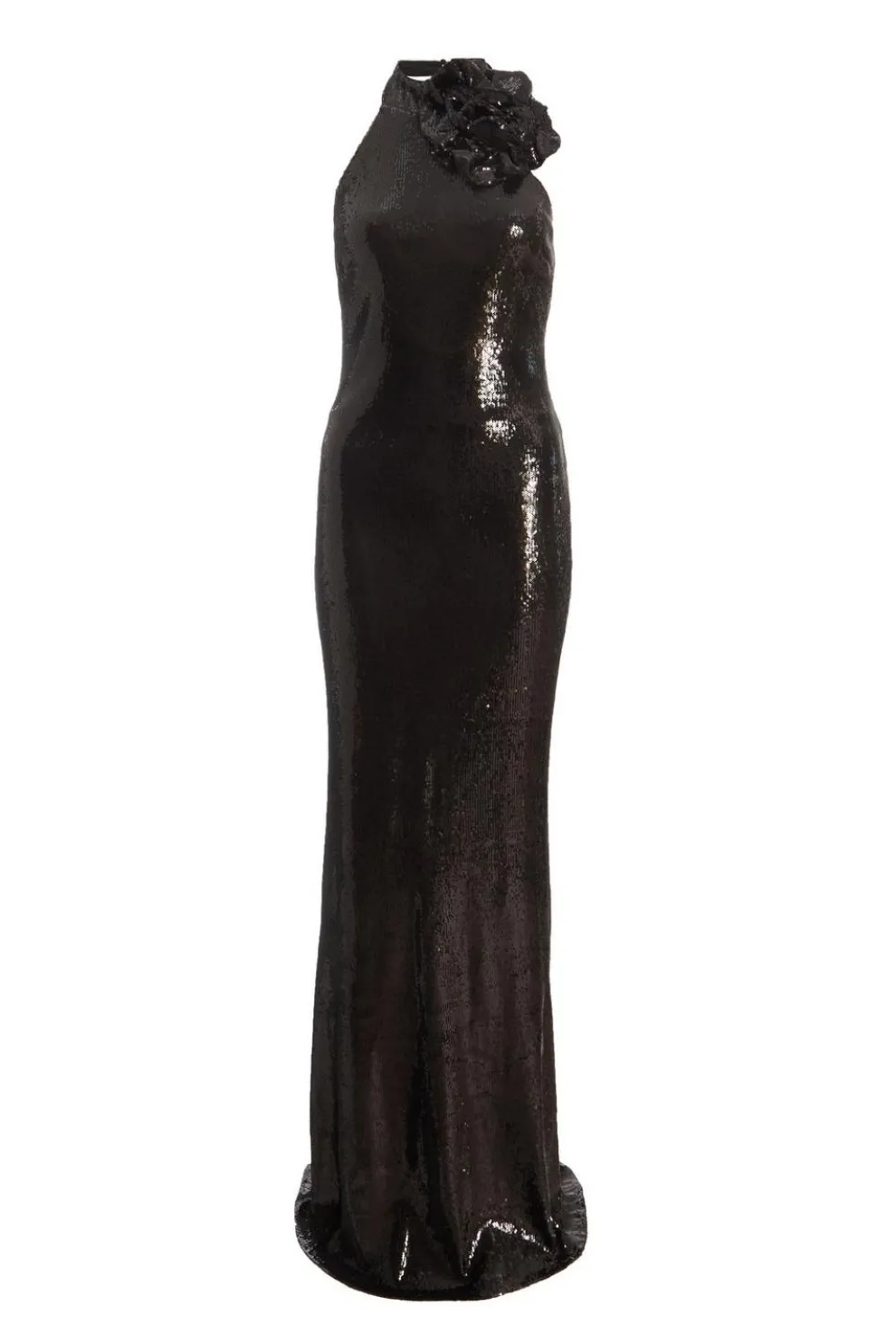 Black Corsage High Neck Sequin Maxi Dress