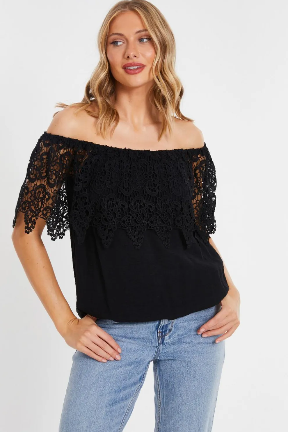 Black Crochet Bardot Top