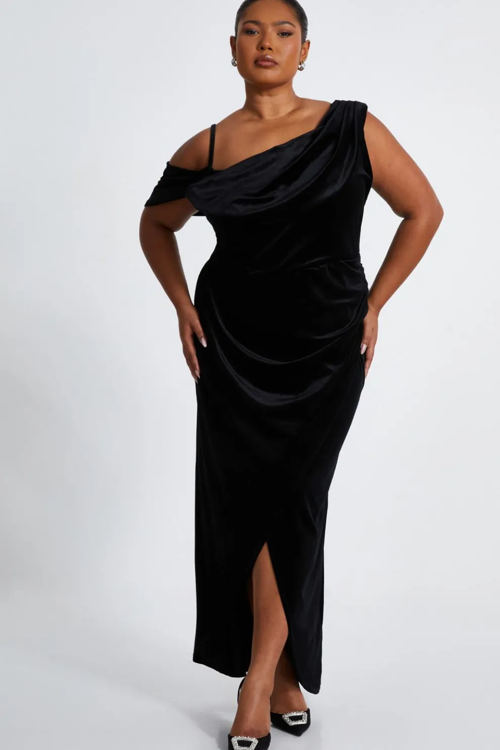 Black Curve Velvet Wrap Maxi Dress