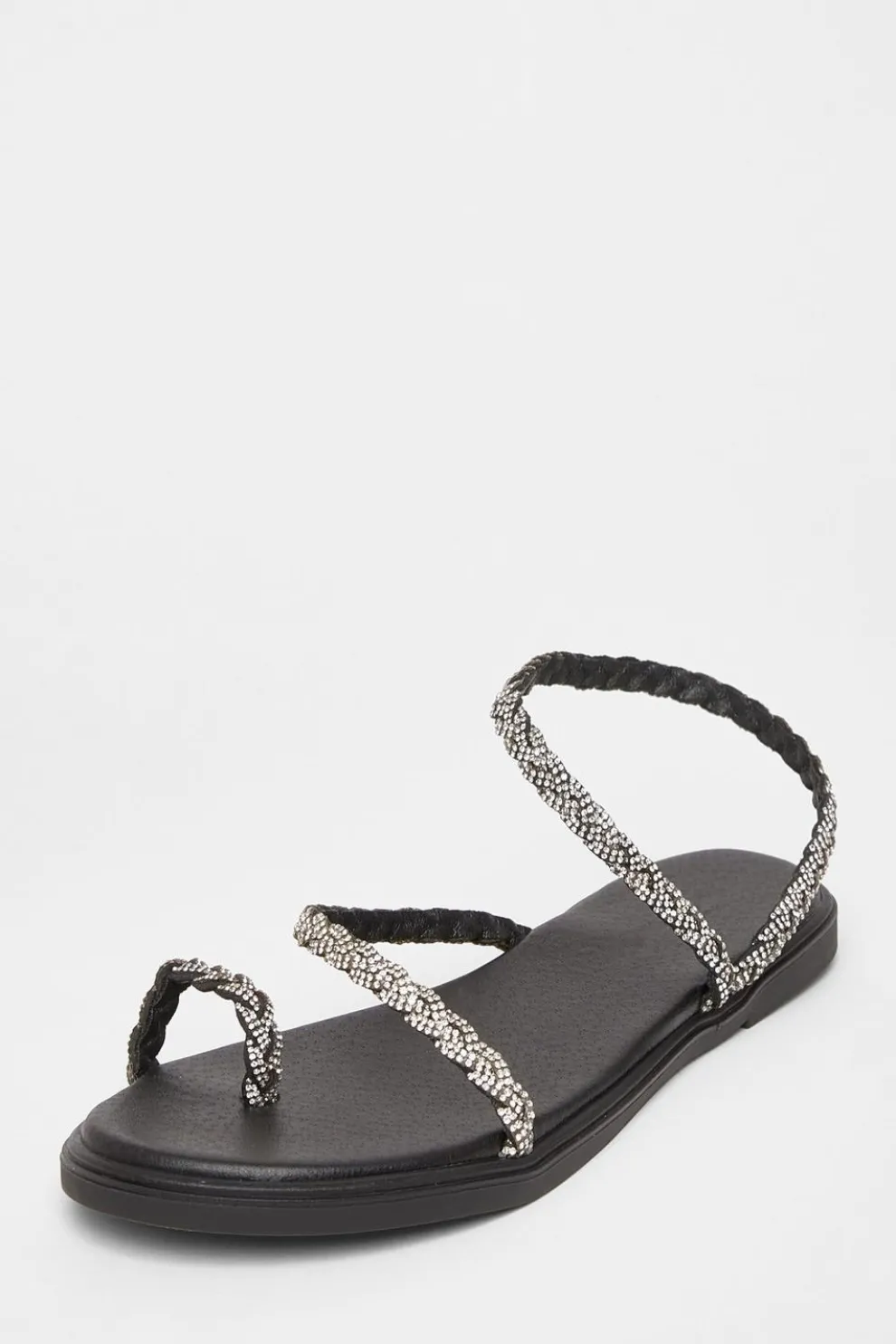 Black Diamante Pleated Flat Sandals