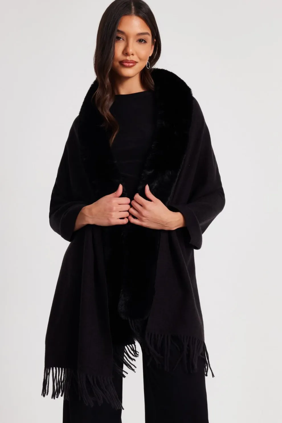 Black Faux Fur Trim Cape