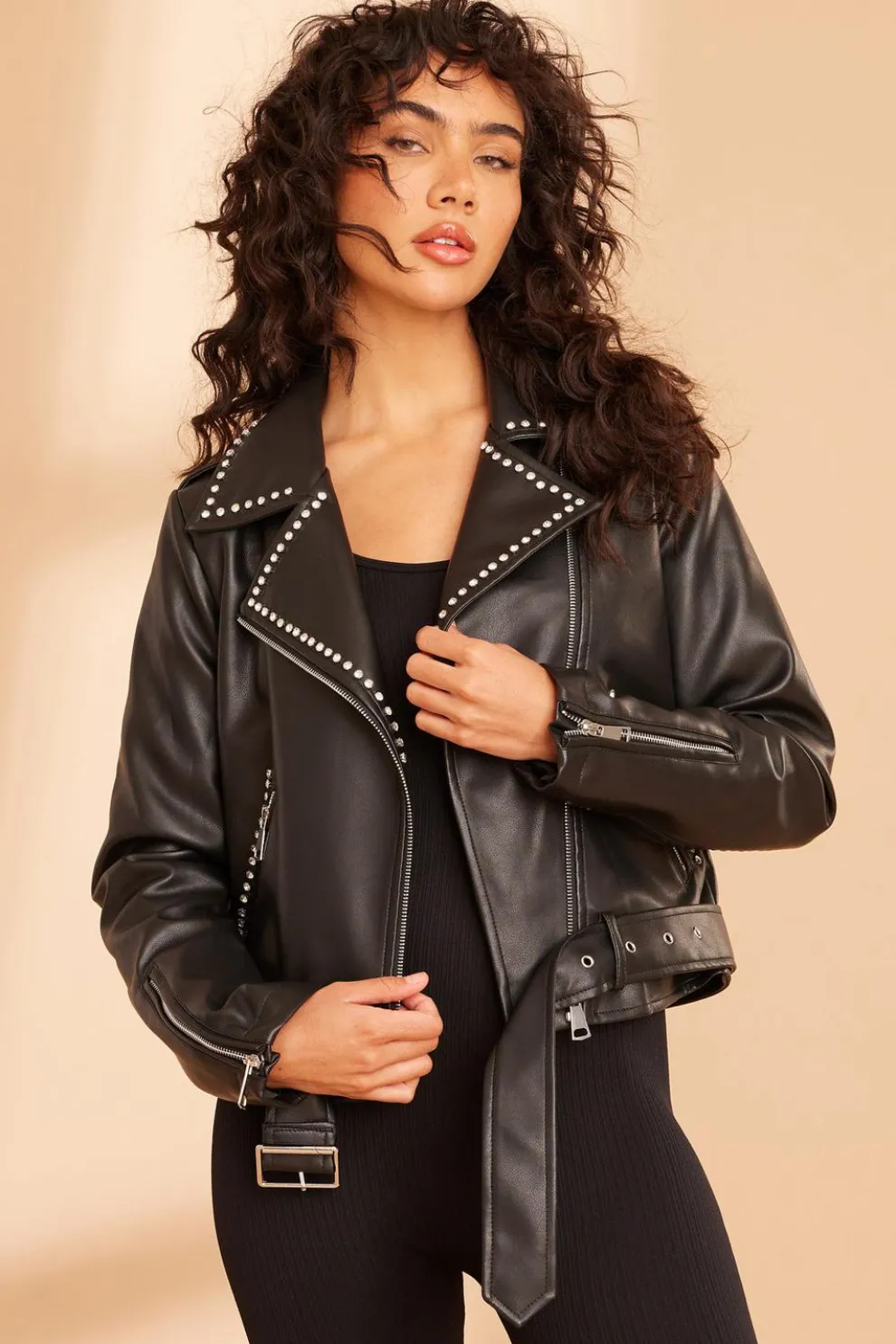 Black Faux Leather Studded Biker Jacket