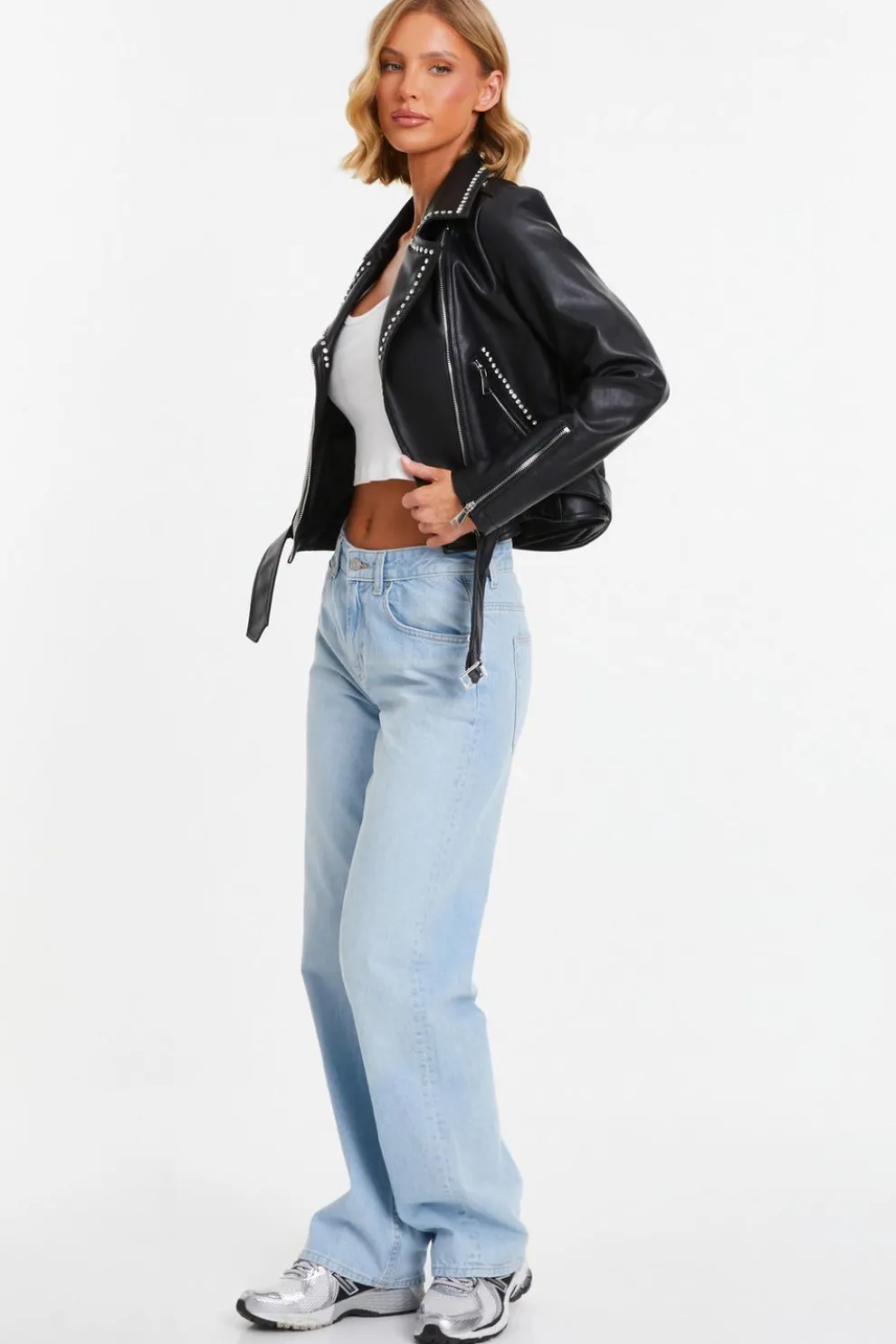 Black Faux Leather Studded Biker Jacket