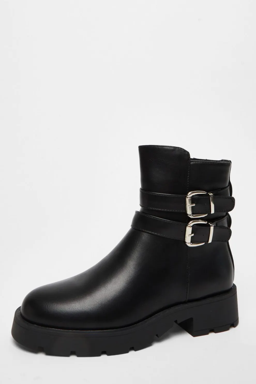Black Faux Leather Double Buckle Ankle Boot