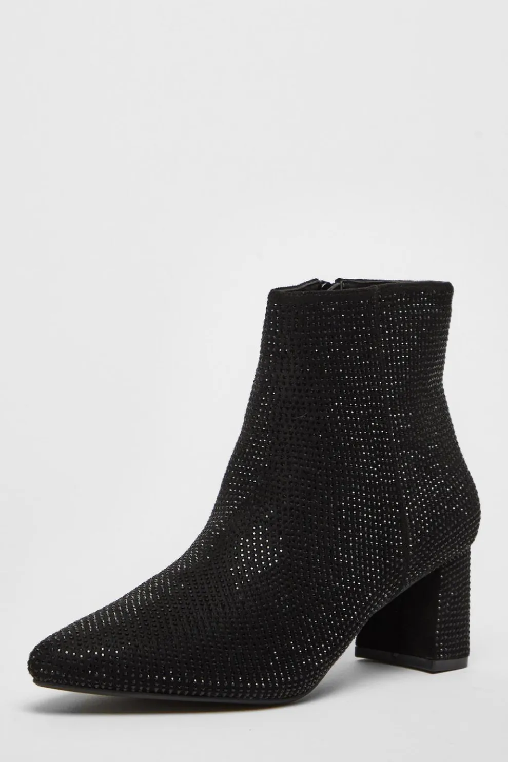 Black Faux Suede Diamante Ankle Boot