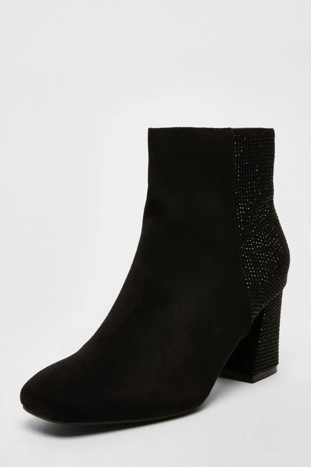 Black Faux Suede Diamante Heeled Boots