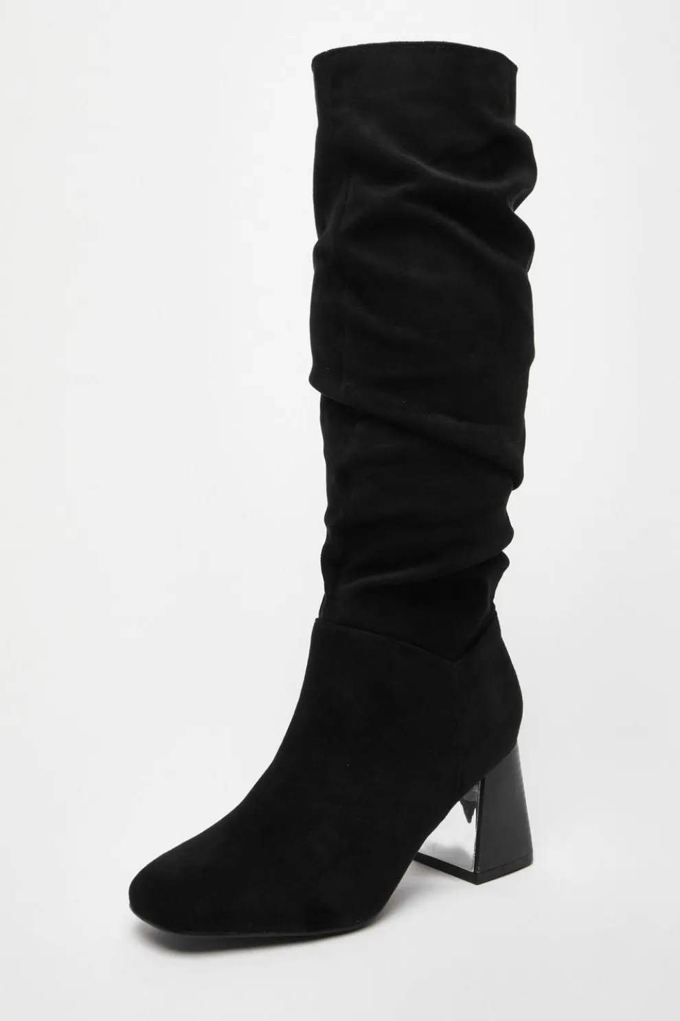 Black Faux Suede Ruched Heeled Boots
