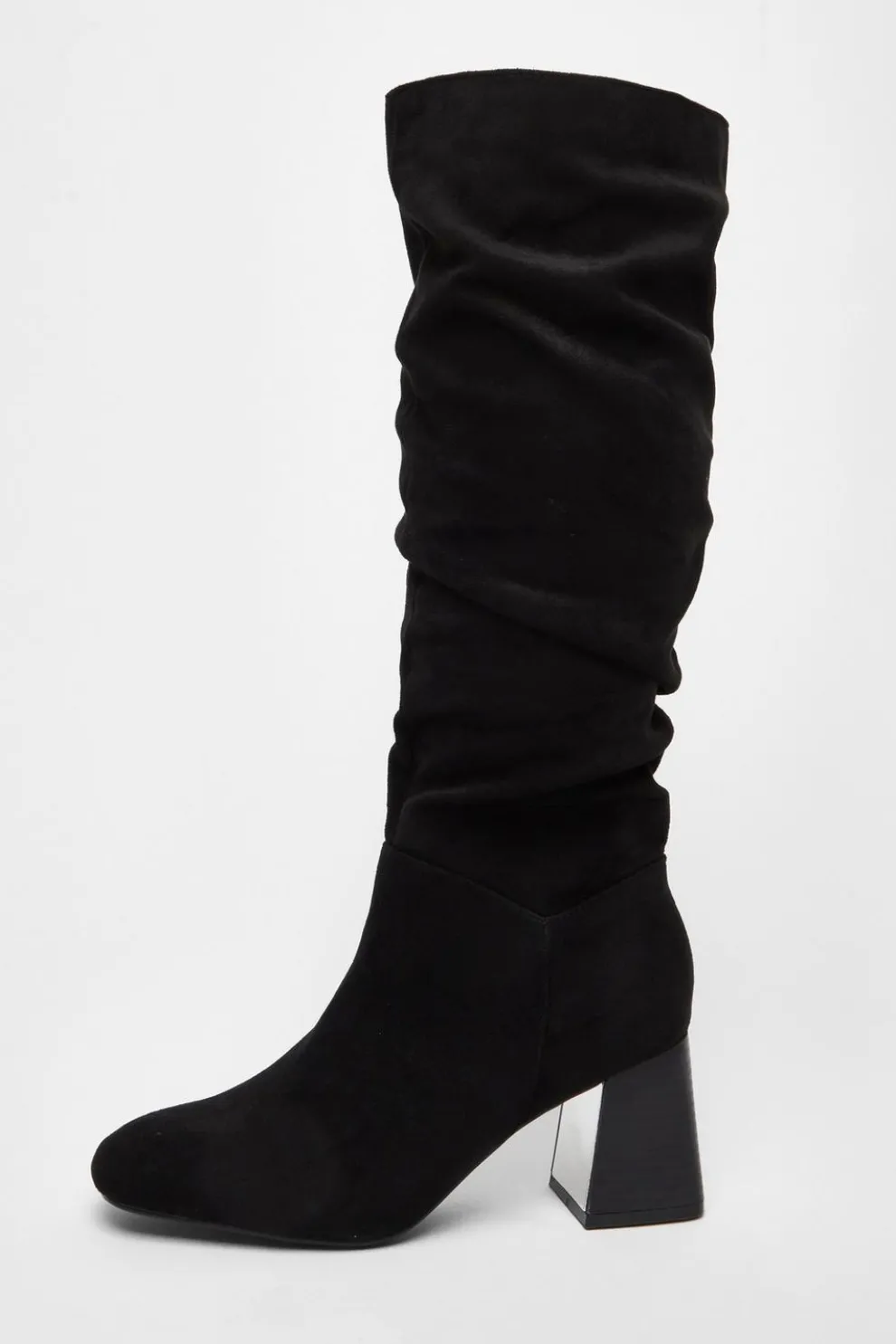 Black Faux Suede Ruched Heeled Boots
