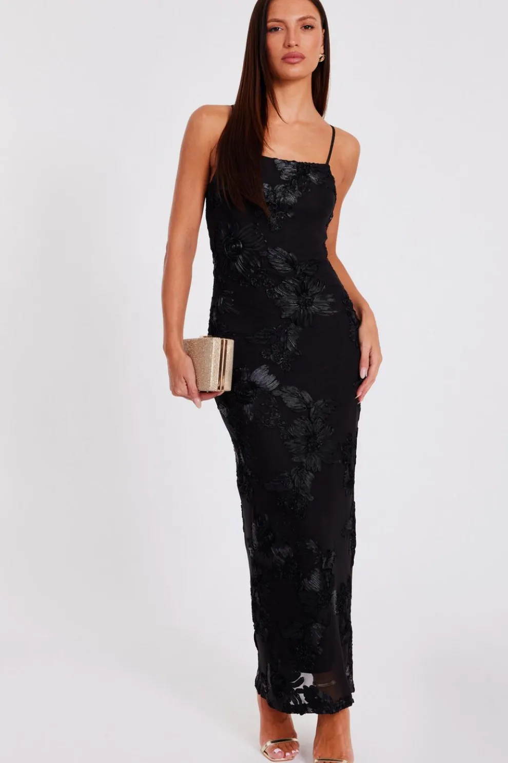 Black Floral Applique Midaxi Dress