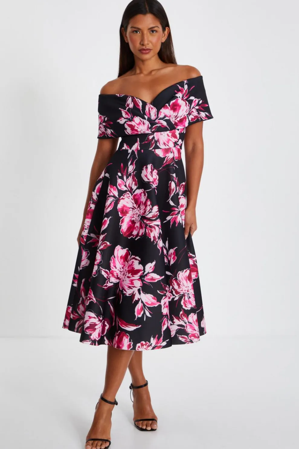 Black Floral Bardot Skater Midi Dress