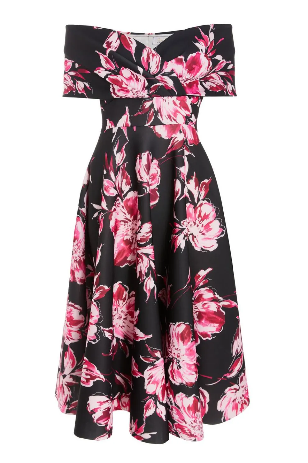 Black Floral Bardot Skater Midi Dress