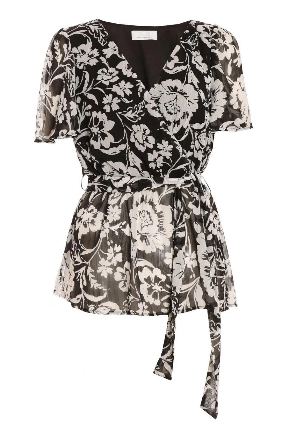 Black Floral Chiffon Wrap Top