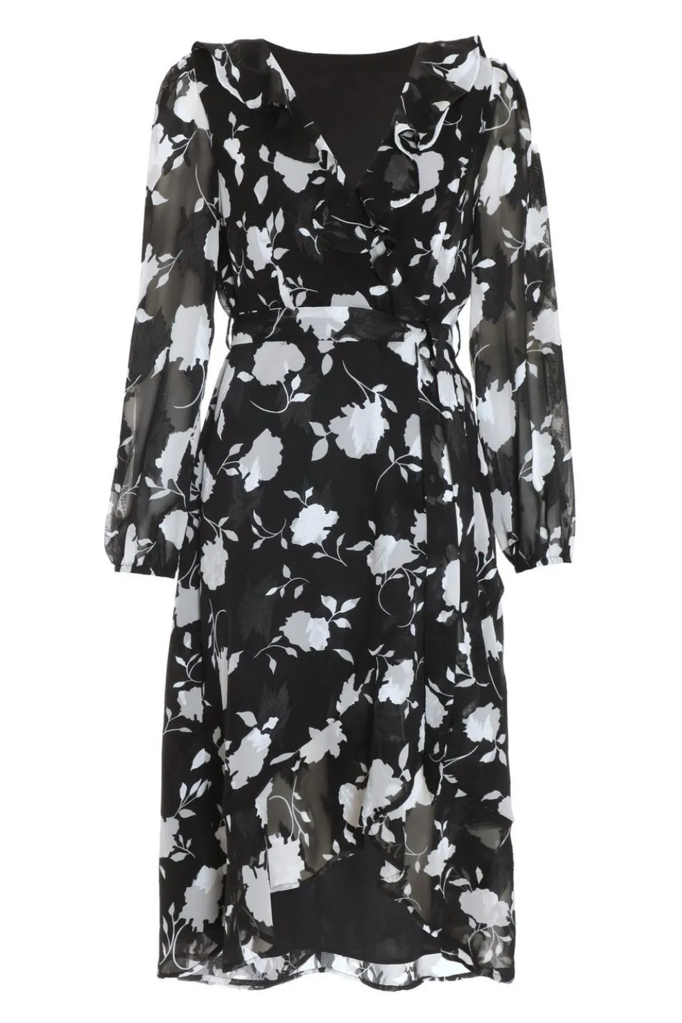 Black Floral Frill Wrap Midi Dress