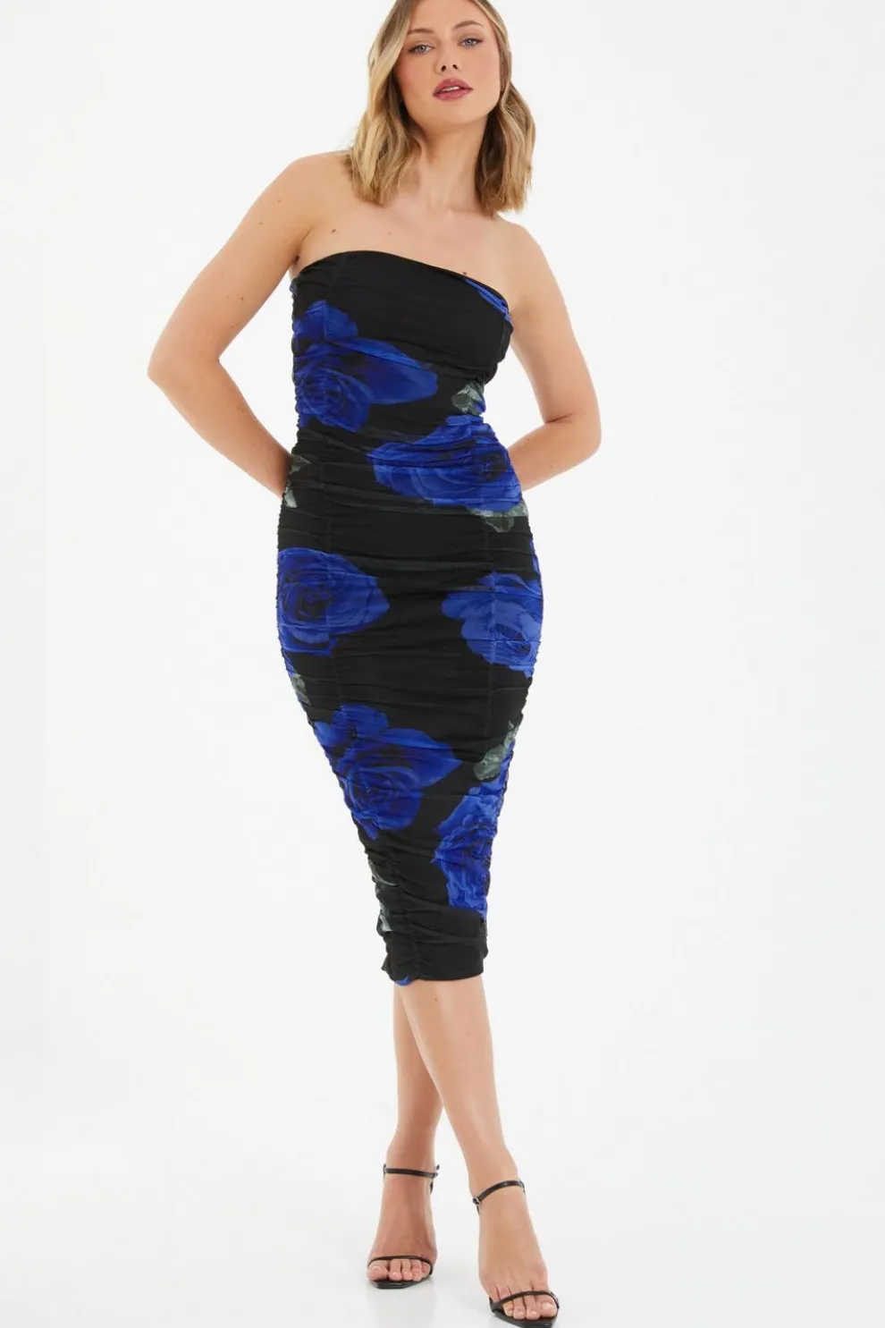 Black Floral Mesh Bandeau Midi Dress