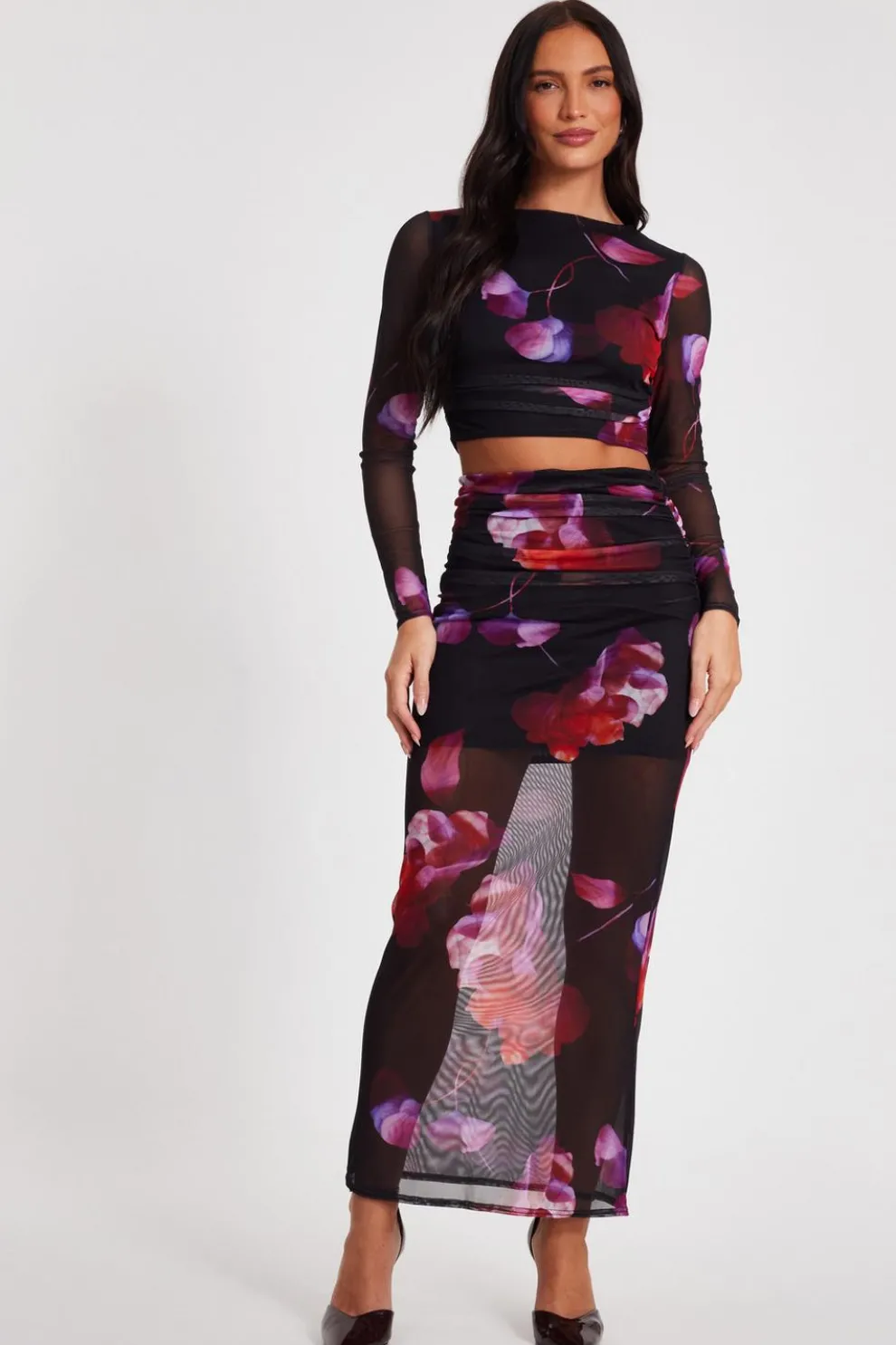 Black Floral Mesh Crop Top