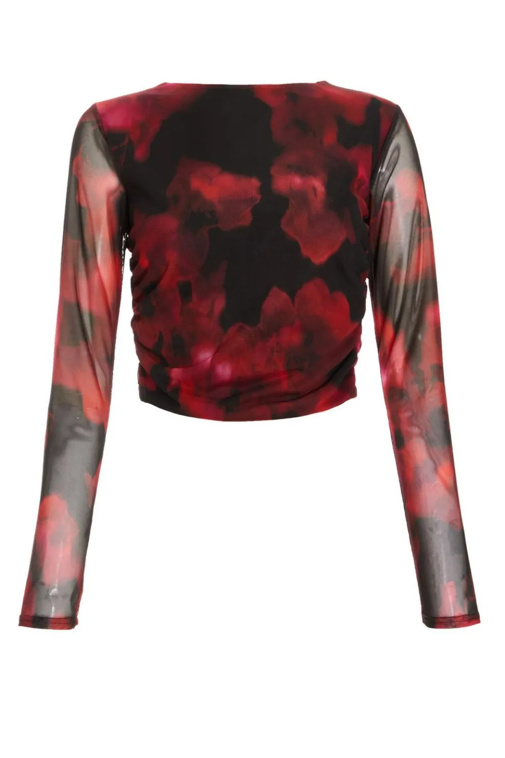 Black Floral Mesh Ruched Crop Top