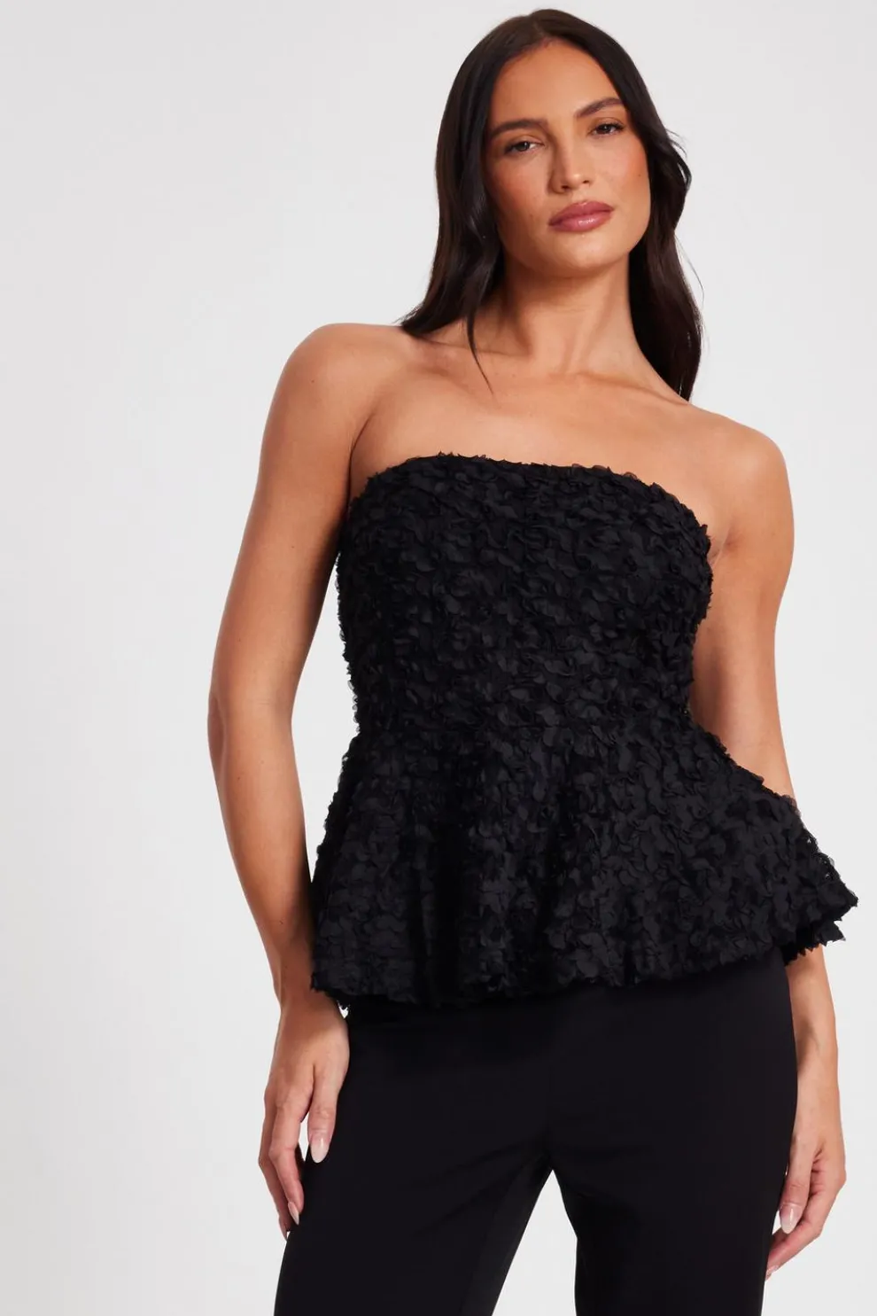 Black Floral Textured Peplum Top