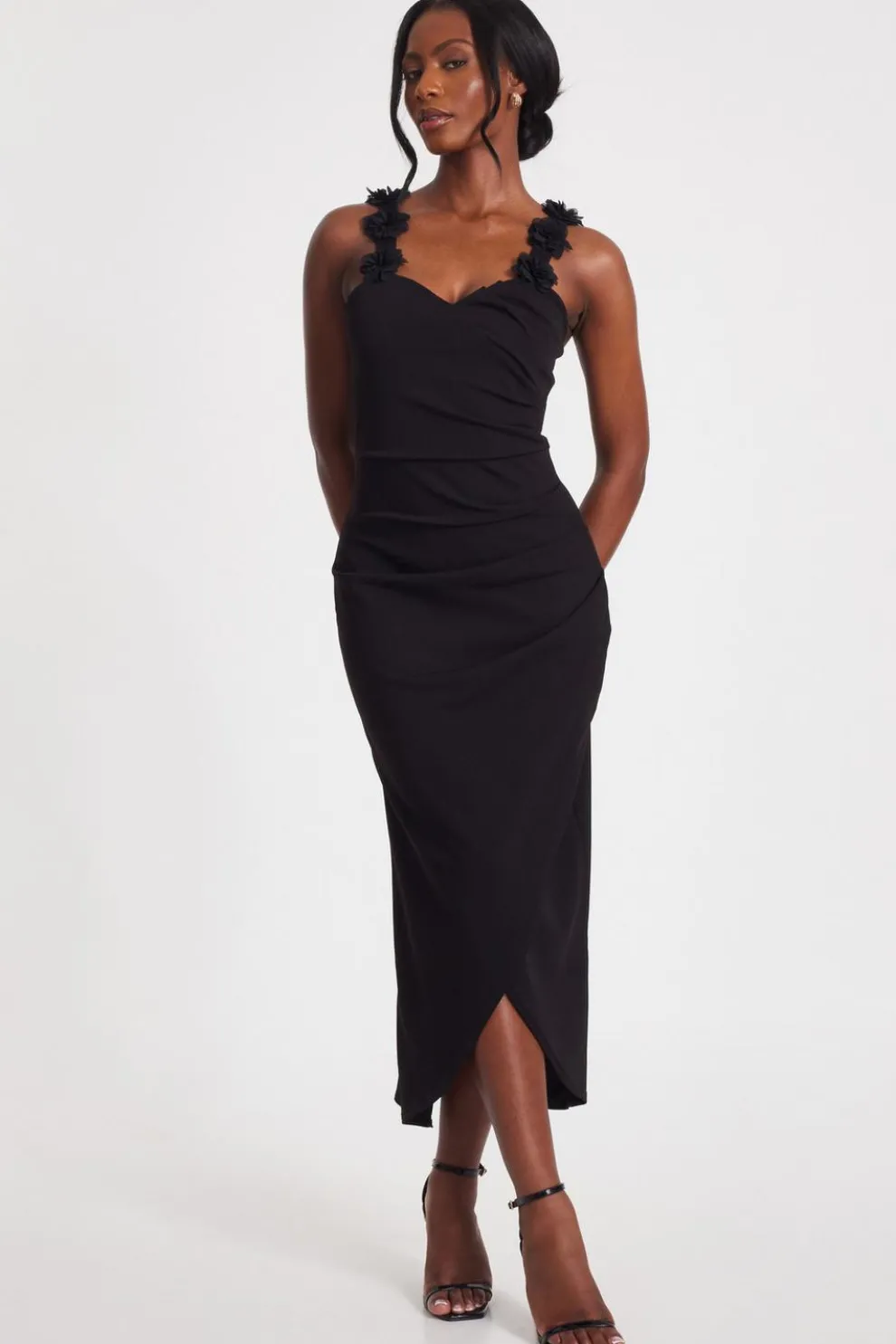 Black Floral Trim Midaxi Dress