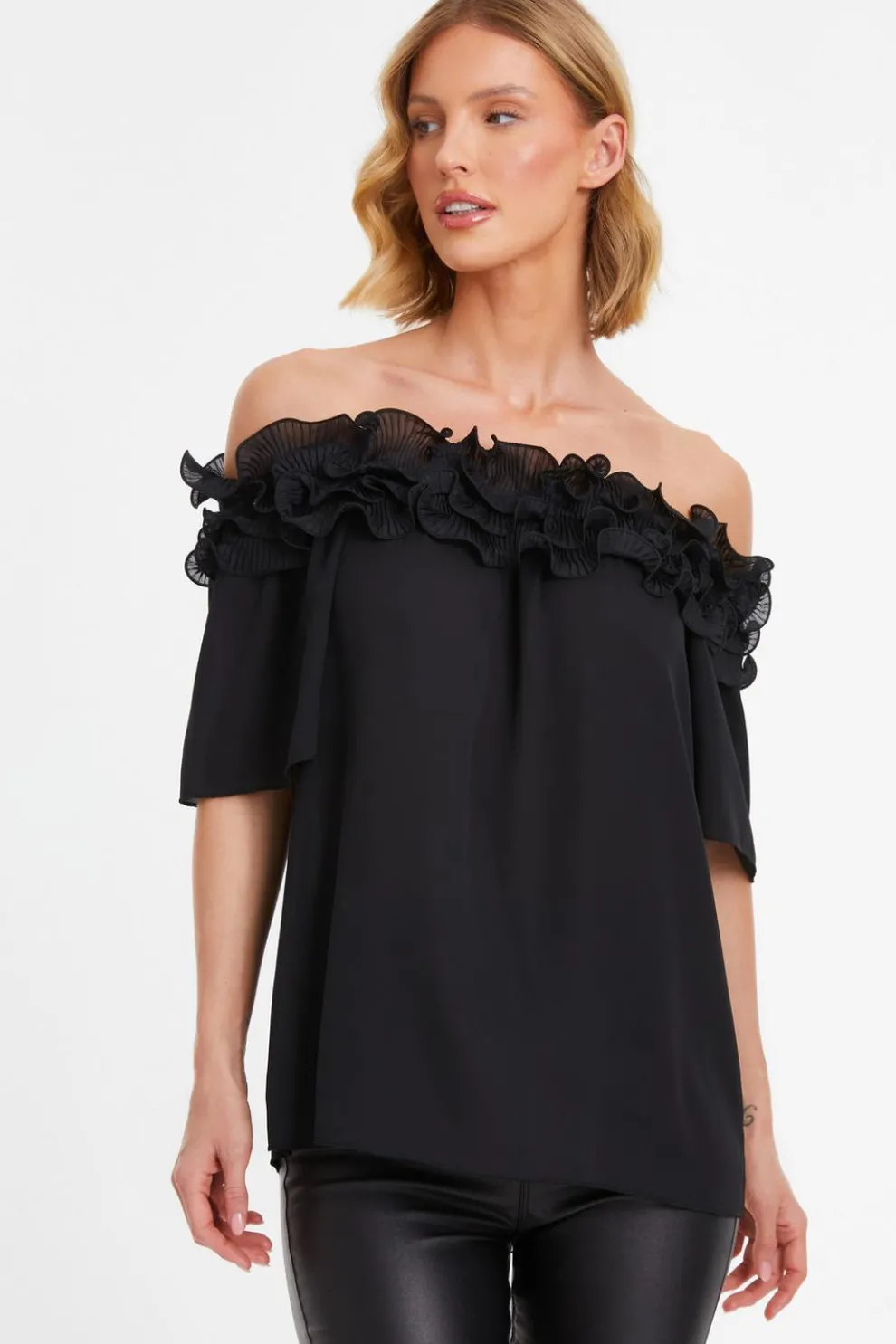 Black Frill Bardot Top