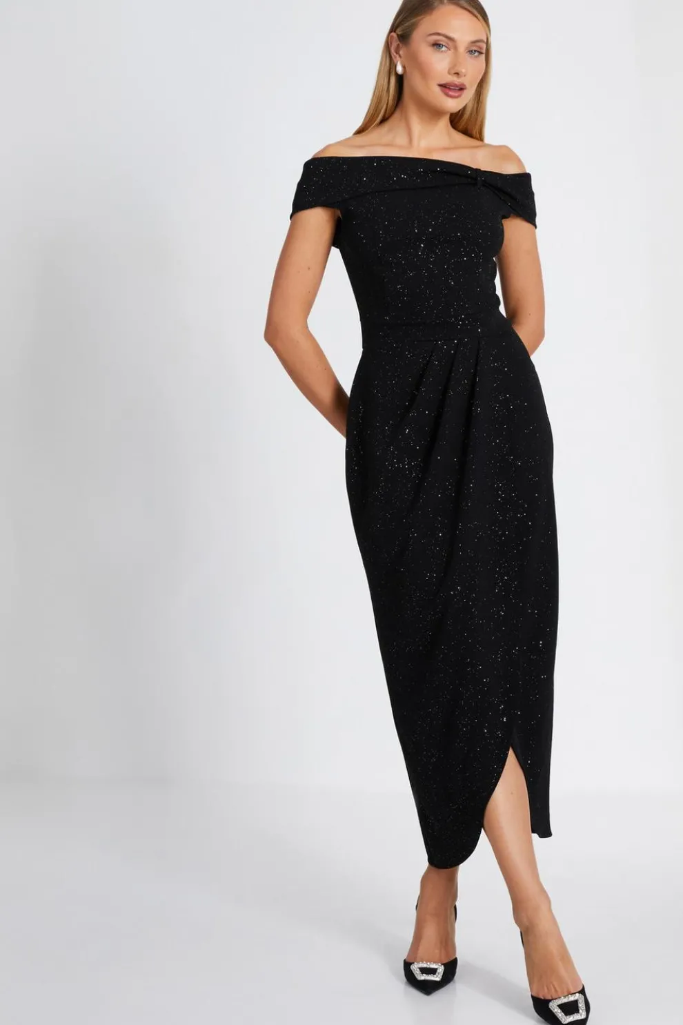 Black Glitter Bardot Midi Dress
