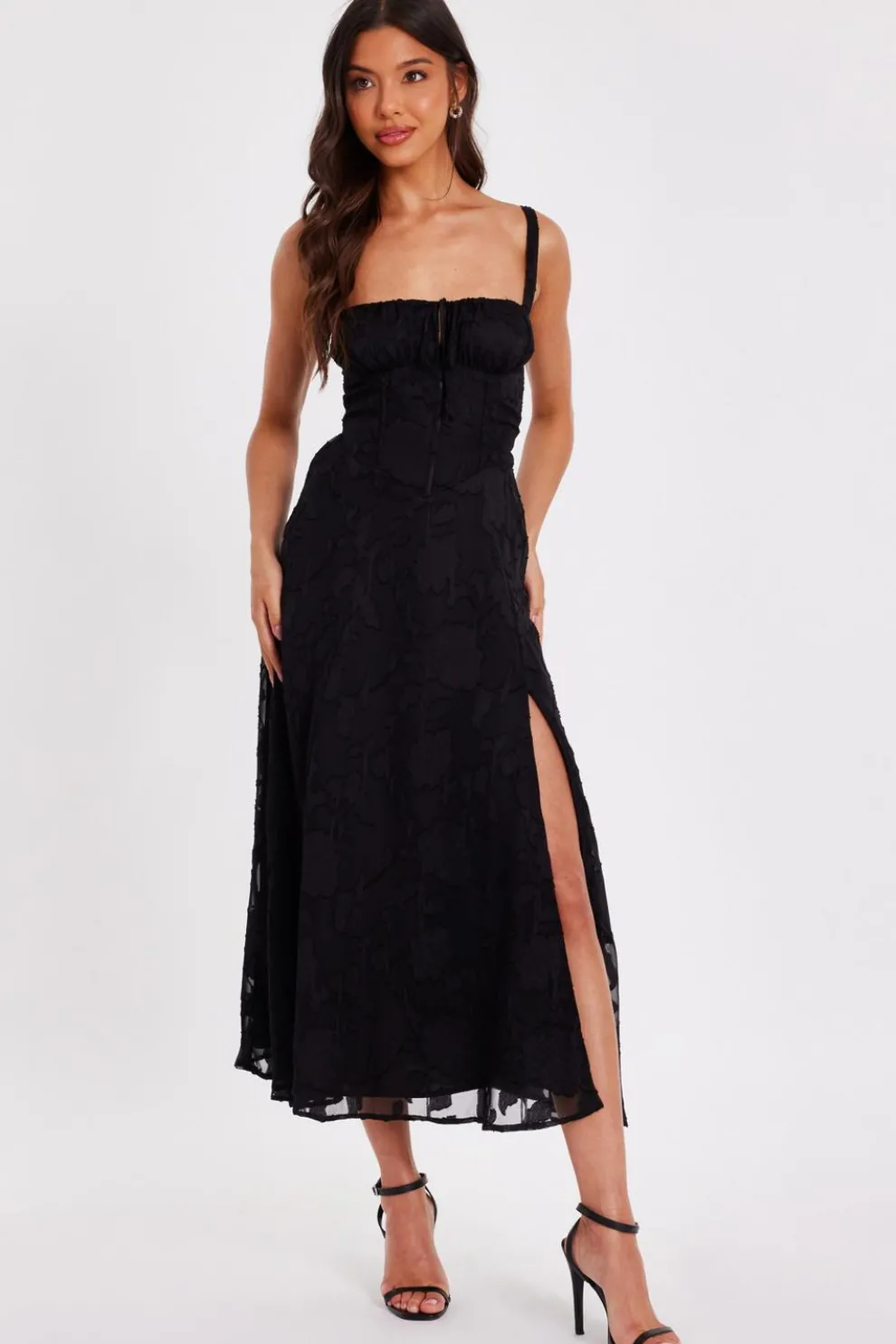 Black Jacquard Ruched Midaxi Dress