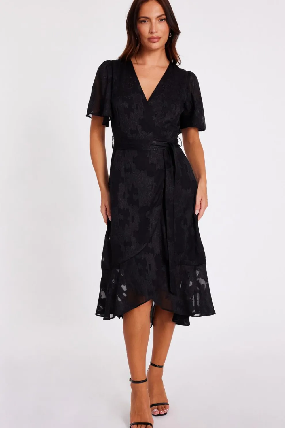 Black Jacquard Wrap Midi Dress