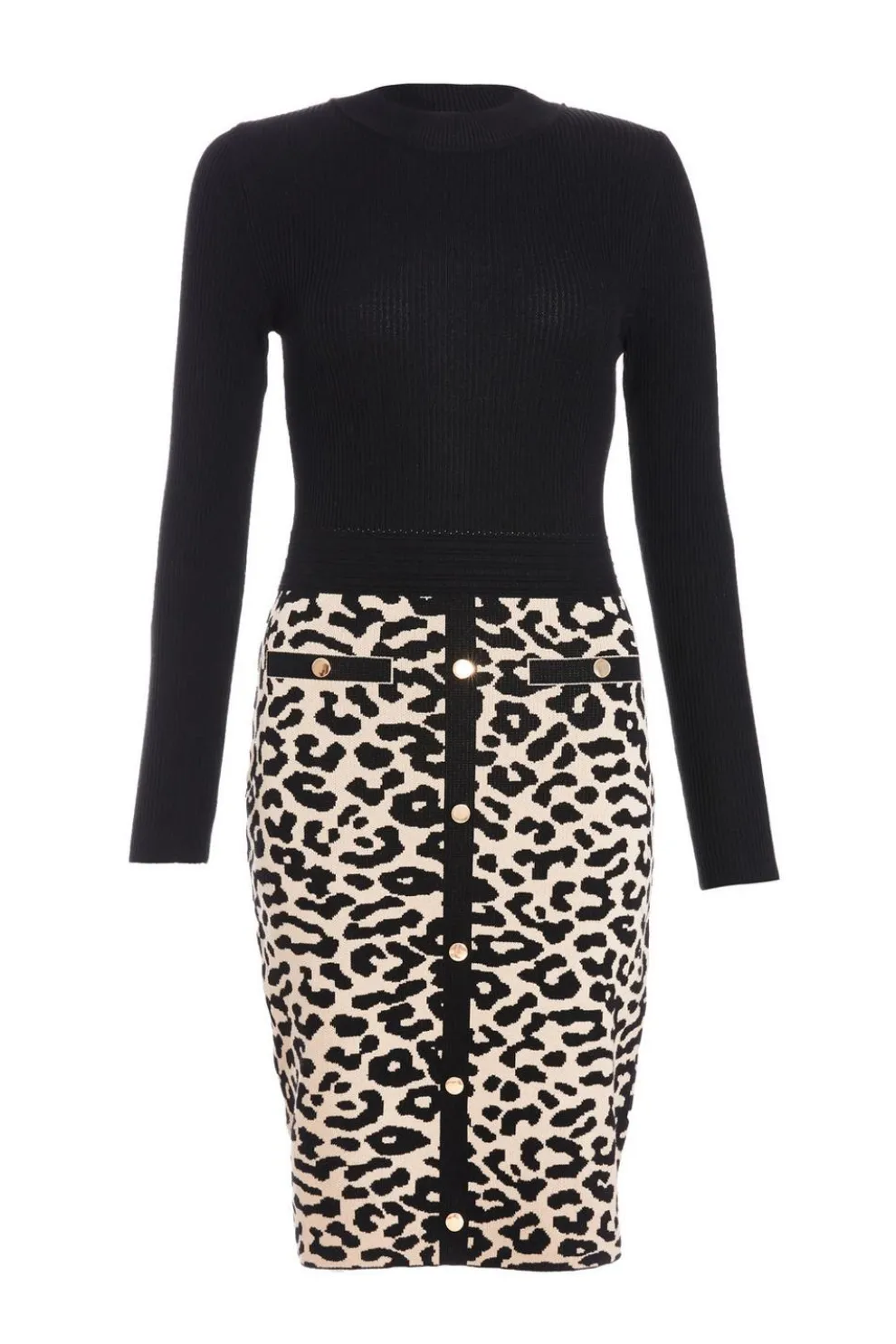 Black Knit Leopard Print Jumper Dress