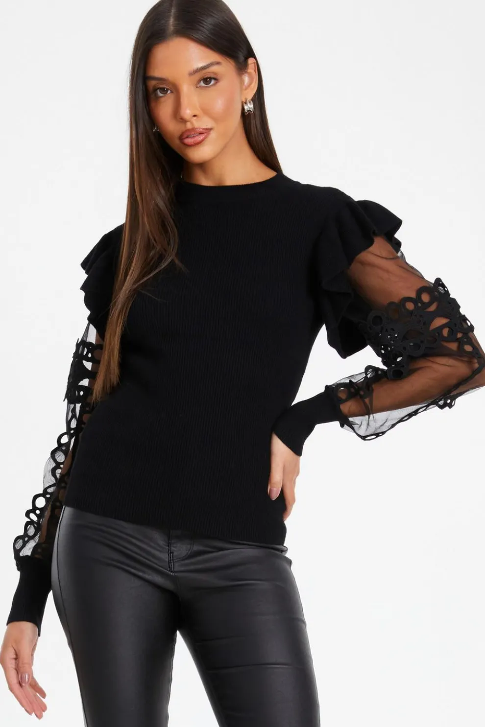 Black Knit Mesh Sleeve Jumper