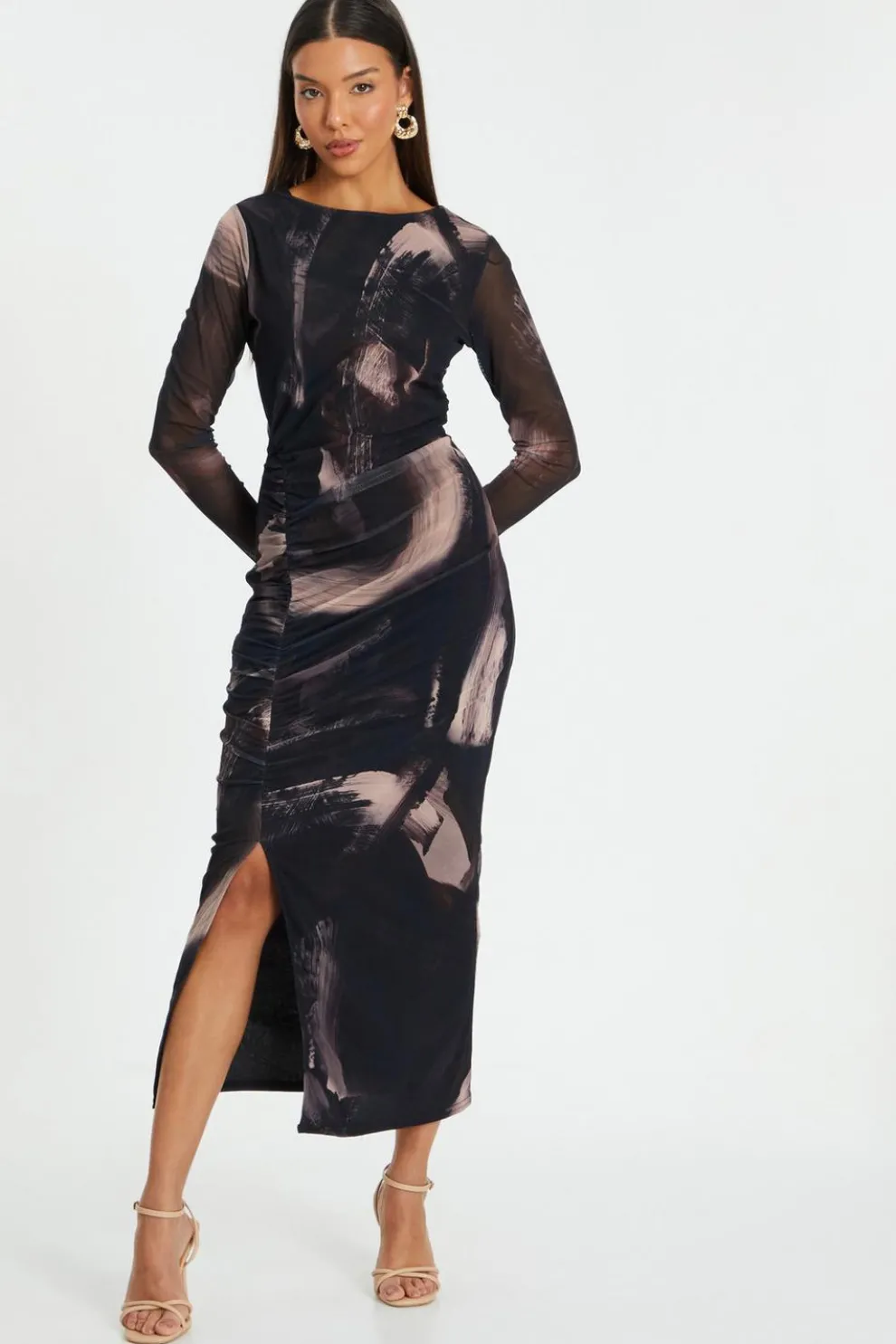 Black Marble Print Mesh Midaxi Dress