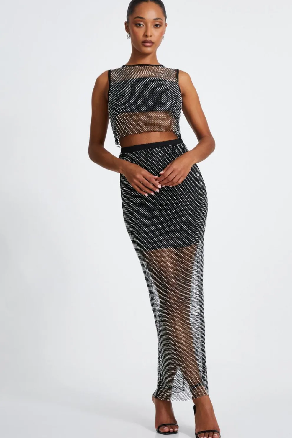 Black Mesh Diamante Midaxi Skirt