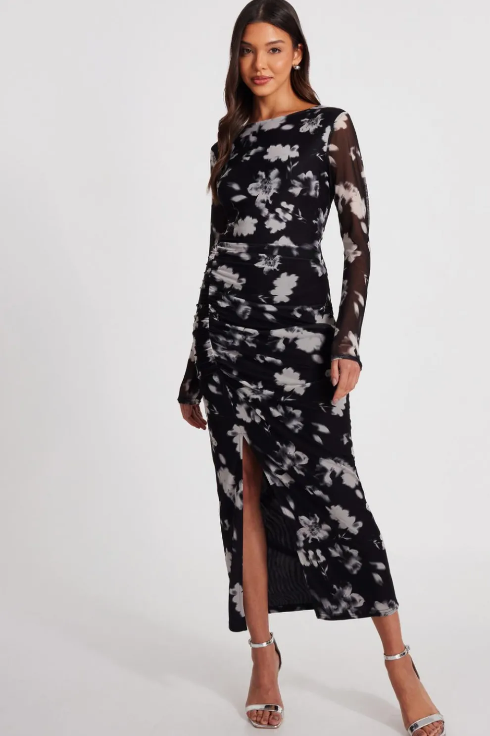Black Mesh Floral Ruched Midaxi