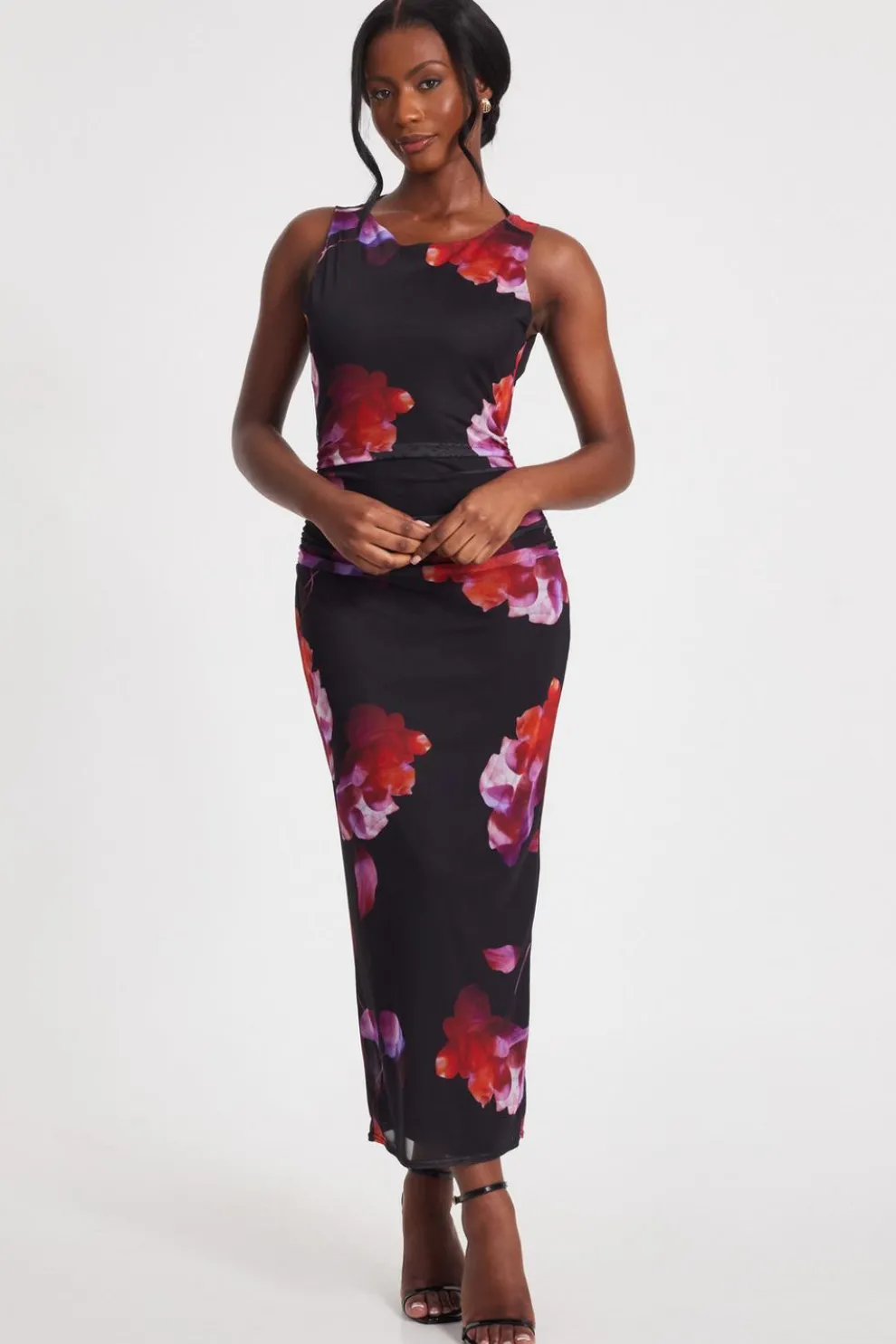 Black Mesh Floral Midaxi Dress