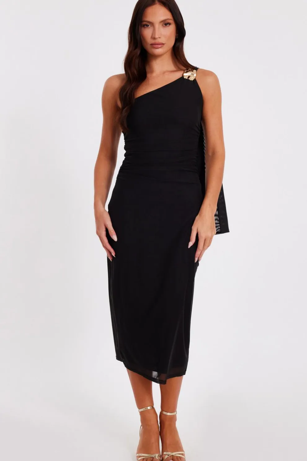 Black Mesh One Shoulder Midi Dress
