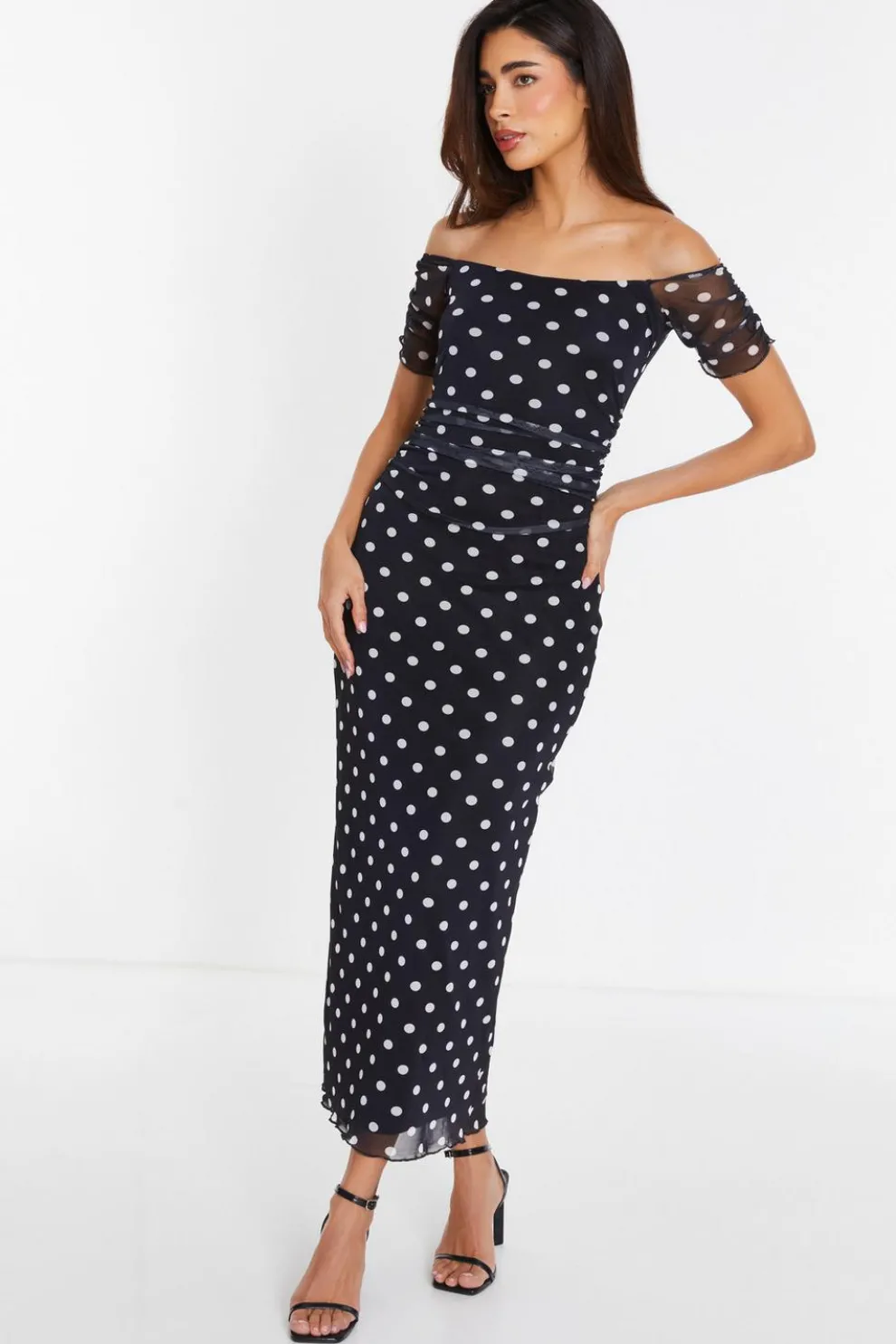 Black Mesh Polka Dot Bardot Midaxi Dress