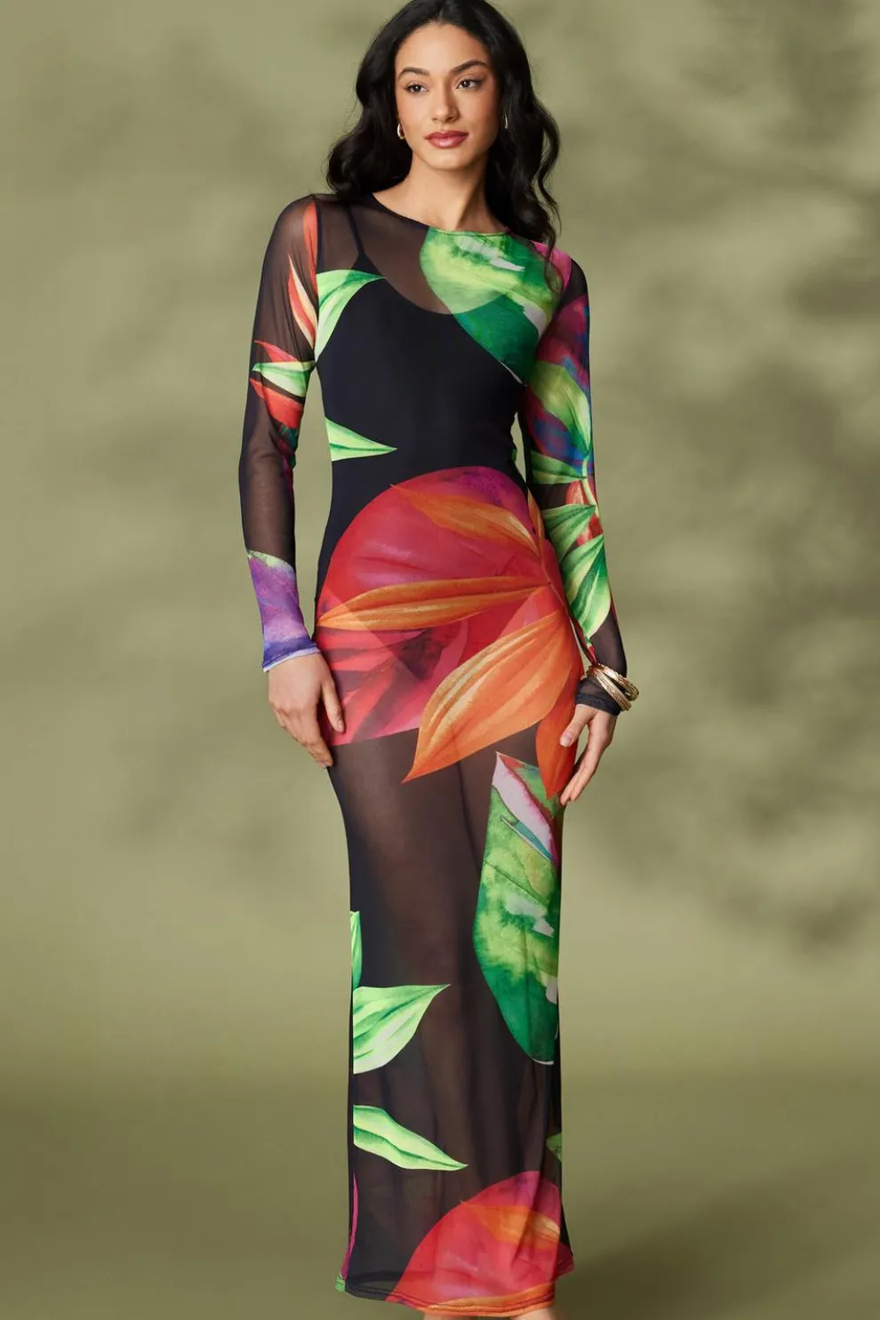 Black Mesh Tropical Print Maxi Dress