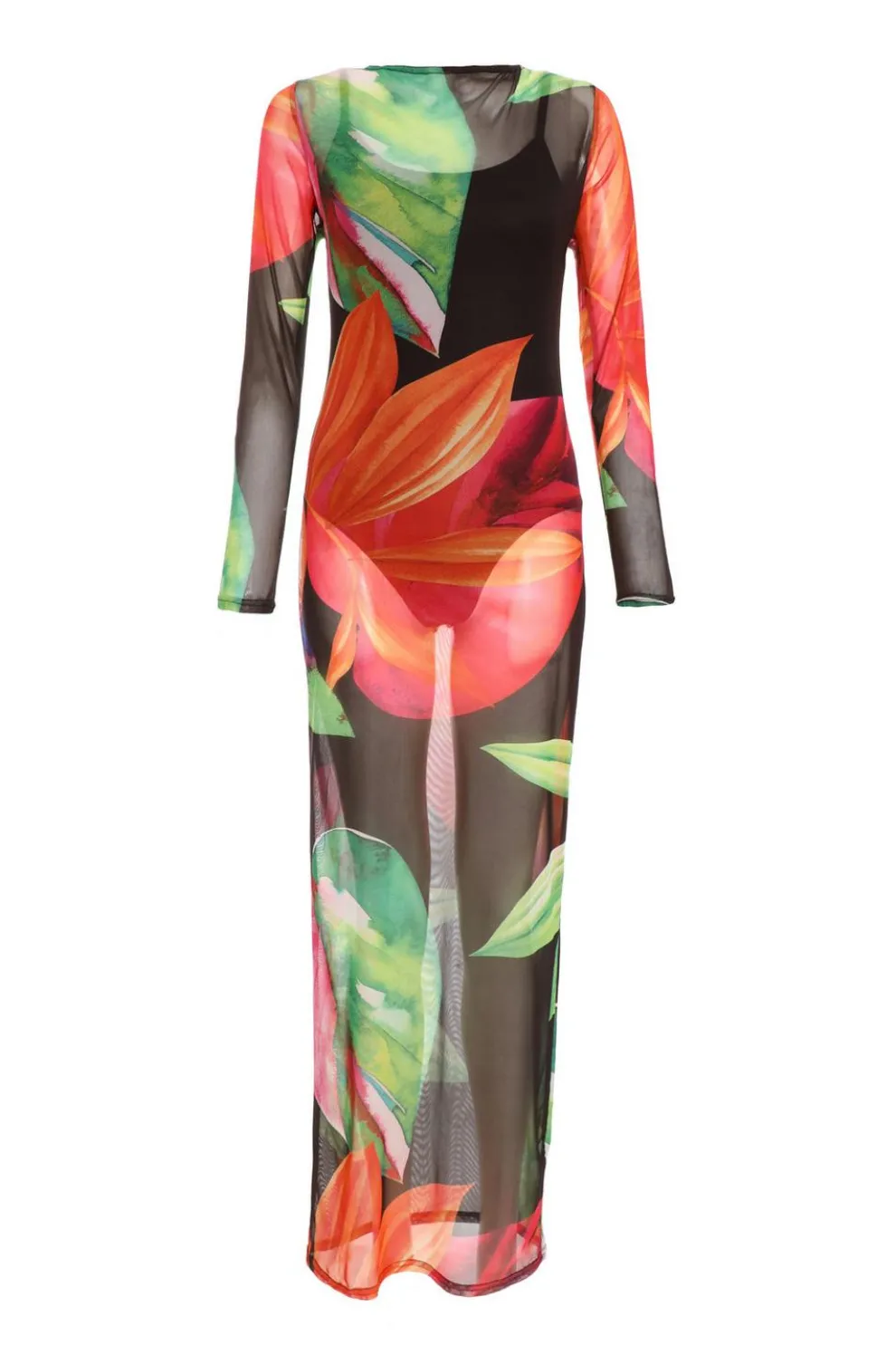 Black Mesh Tropical Print Maxi Dress